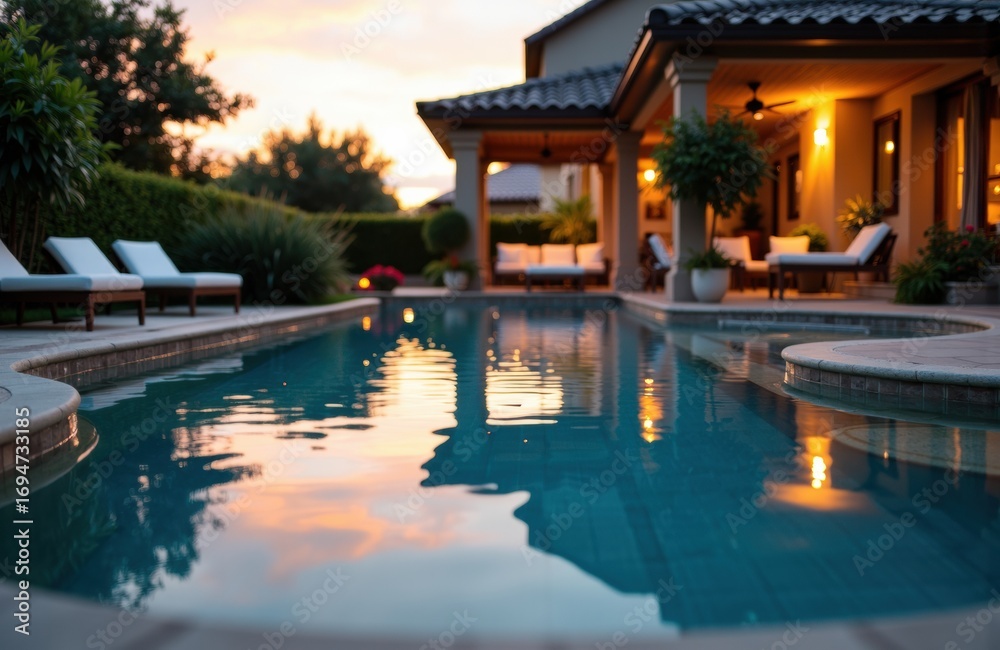 Obraz premium Swimming pool reflecting sunset light with lounge chairs and outdoor seating area
