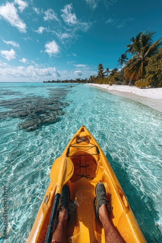 First-person view of a yellow kayak on a tropical lagoon