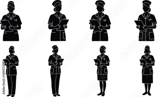 Nurse Silhouettes in Varied Uniforms and Poses Holding Clipboards on White Background for Healthcare, Education, and Design Content