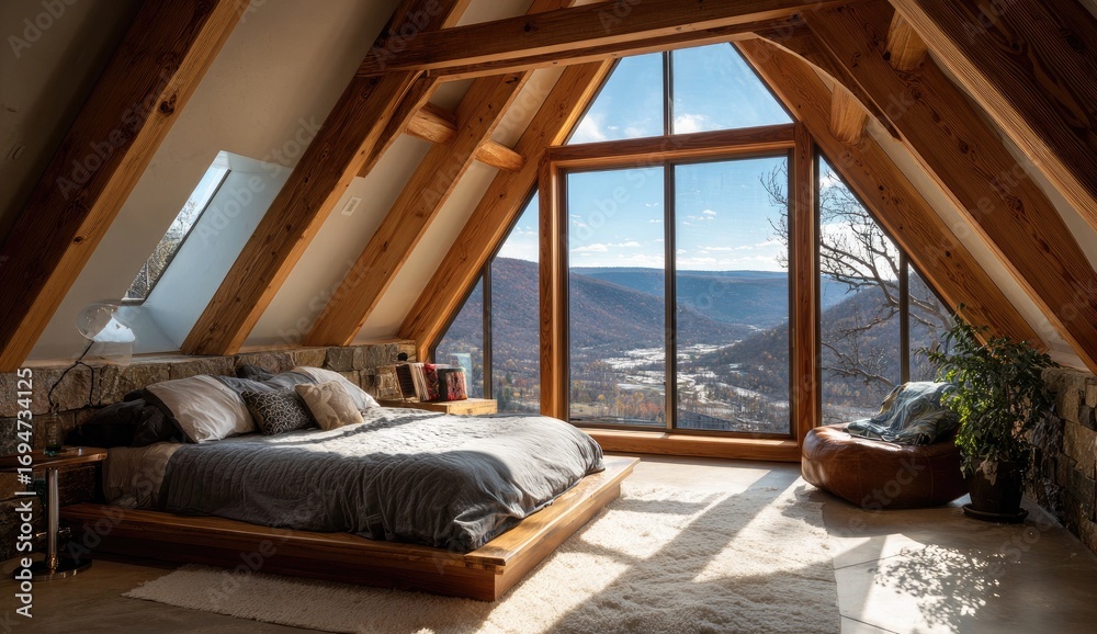 Fototapeta premium Rustic, airy bedroom with mountain view