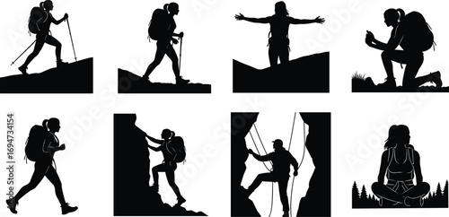 Outdoor Adventure Silhouettes in Varied Hiking, Climbing, and Resting Poses on White Background for Nature and Design Content