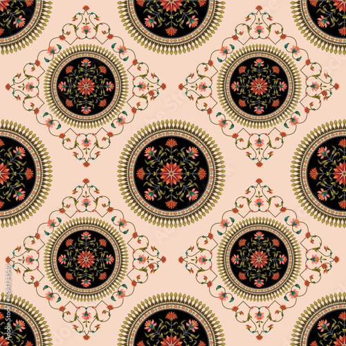 abstract seamless mughal motif Geometric colorful  circle bunch pattern