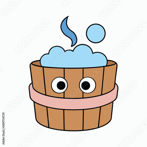 Cute Kawaii Wooden Hot Tub with Bubbles and Steam Vector Illustration
