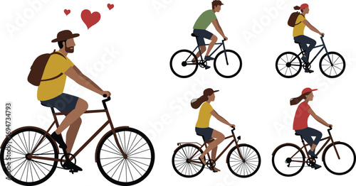 people riding bicycles illustration, outdoor cycling lifestyle, healthy activity, fitness exercise, man and woman biking, travel adventure vector art
