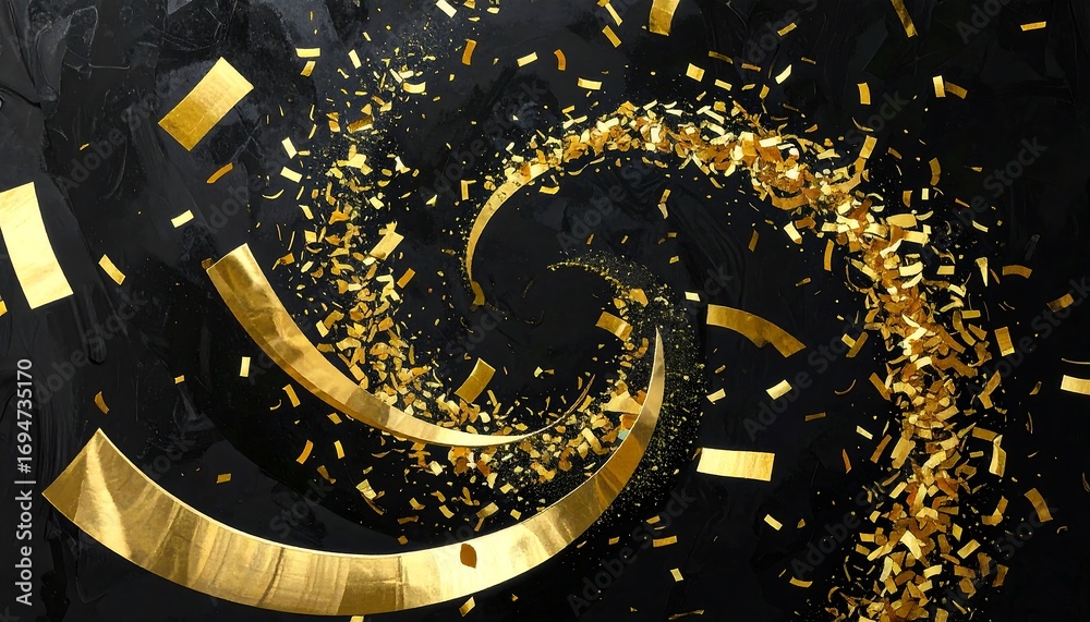 Obraz premium Golden confetti spirals on a dark background