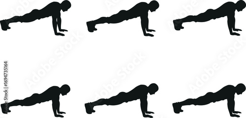 Plank Exercise Silhouettes in Repetitive Push-Up Pose on White Background for Fitness, Training, and Design Content