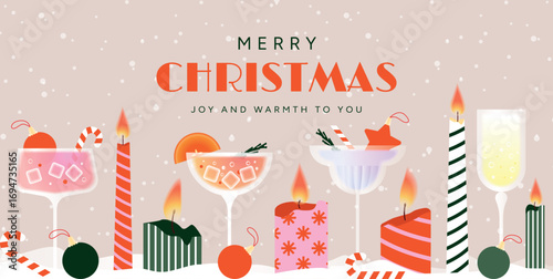 Merry Christmas and Happy New Year 2026 festive card with colorful cocktails, champagne glasses, burning candles, candy canes, baubles, snow background. Vector flat winter holiday illustration design