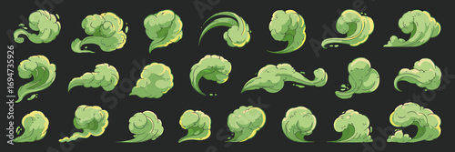 Cartoon Green Smoke and Dust Clouds Vector Set for Design Elements Perfect for Game Assets and Visual Effects