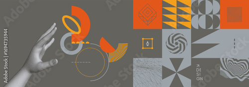 The hand selects objects from a set. Art composition. Geometric design. Vector illustration for poster, cover, brochure, card, presentation, flyer or banner.