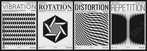 Background of many triangles. Dynamic effect and optical illusion. Many rectangular flat figures. Transition and displacement effects. Striped figure. Cover design template for brochure, poster, album