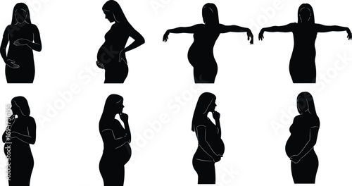 Pregnant Woman Silhouettes in Eight Varied Poses with Belly Emphasis on White Background for Maternity and Design Content