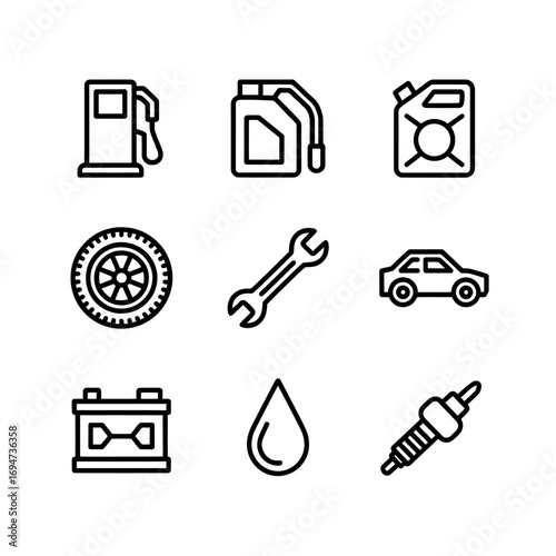 Automotive Service Icons Fuel, Oil, Tire, Wrench, Car, Battery, Drop, Spark Plug - Vector