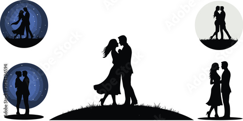 romantic couple silhouette illustration, love vector design, relationship artwork, people kissing, night sky background, romantic scene art
