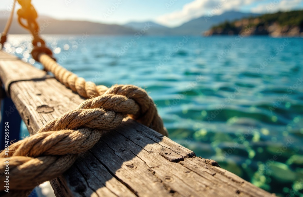 Fototapeta premium A close-up of a weathered wooden dock with a thick rope tied to it overlooking a calm blue sea