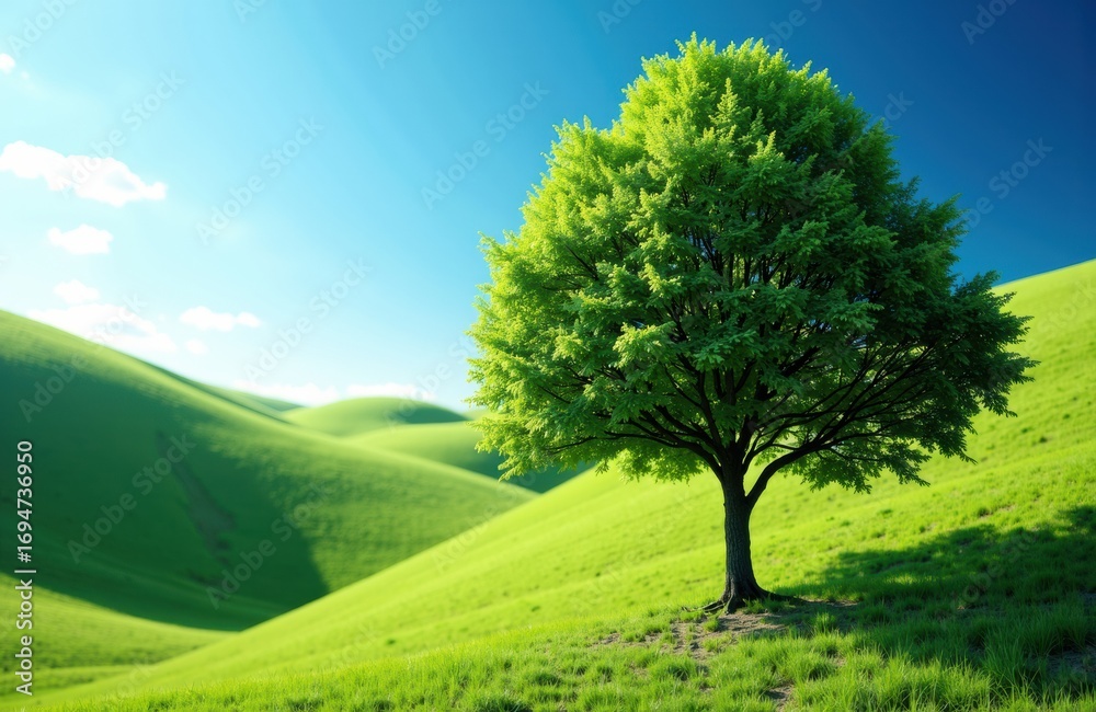 Fototapeta premium A solitary green tree stands prominently on a lush grassy hill under a bright blue sky