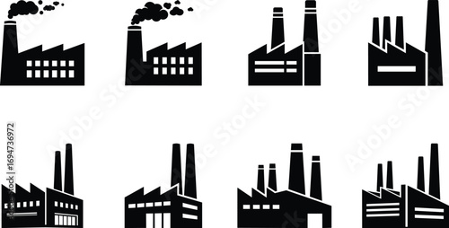 Industrial Factory Icons Set - Vector Black Silhouettes