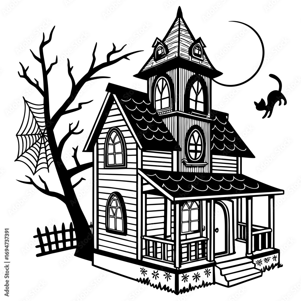 Naklejka premium Haunted House on a Moonlit Night, haunted house, Halloween SVG, spooky house, Halloween vector.