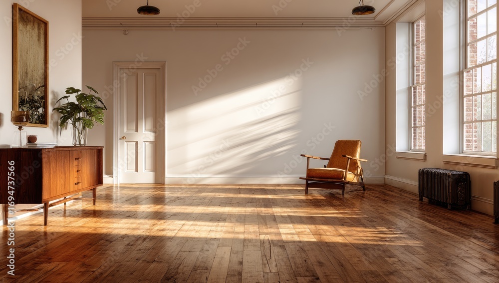 Fototapeta premium Sunny, spacious interior with warm wooden floors