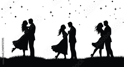 romantic couple silhouette, starry night background, love artwork, relationship vector design, people kissing illustration, romantic passion art