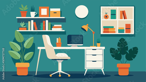 A home office with a white desk a midcentury modern office chair and shelves filled with books and plants.