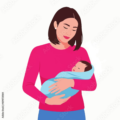 Minimalist Vector Illustration of Woman Holding Baby in Pink and Blue Colors in Modern Style