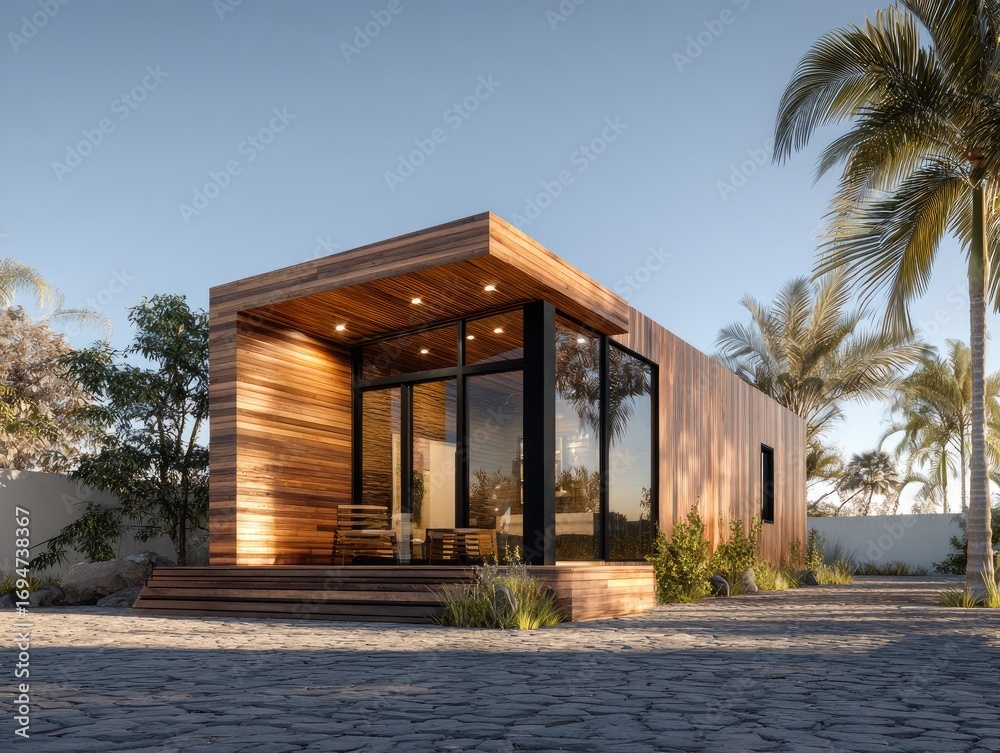 Fototapeta premium Modern wooden cabin with expansive windows