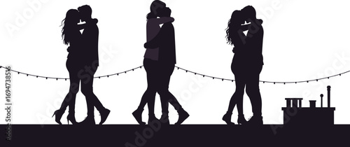 romantic couple silhouette on rooftop, love illustration, kissing artwork, relationship vector, night romance design, hugging passion art