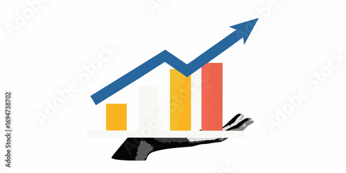 Hand holding a tray with a rising bar graph and upward trending arrow symbolizing financial growth and success