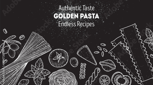 Traditional Italian pasta sketch. Italian food. Staple food. Hand drawn vector illustration. Background for packaging, menu. Top view. Not AI