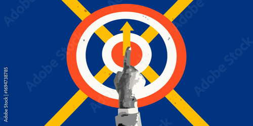 Finger with ink mark pointing upwards towards a circular target symbol representing voting and decision making