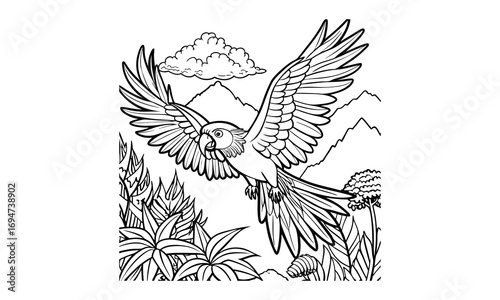Macaw Kids t shirt design silhouette and vector line art, Detailed High-Quality Line Art, Suitable for Adult Coloring Books, Stress Relief, Relaxation, and Printable Art Therapy Projects.