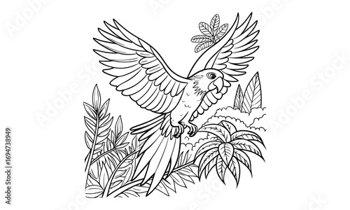 Macaw Kids t shirt design silhouette and vector line art, Detailed High-Quality Line Art, Suitable for Adult Coloring Books, Stress Relief, Relaxation, and Printable Art Therapy Projects.