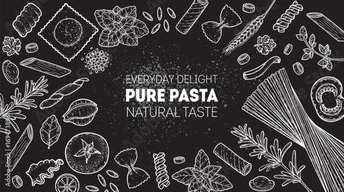Traditional Italian pasta sketch. Italian food. Staple food. Hand drawn vector illustration. Background for packaging, menu. Top view. Not AI