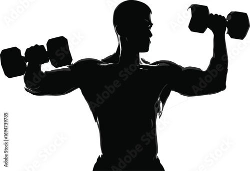 Silhouette of Muscular Character Lifting Dumbbells in Dynamic Pose on White Background for Fitness and Gym-Themed Content
