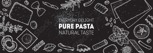 Traditional Italian pasta sketch. Italian food. Staple food. Hand drawn vector illustration. Background for packaging, menu. Top view. Not AI