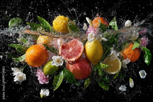 Vibrant citrus fruits exploding in a splash of water, adorned with fresh flowers and leaves