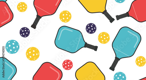 Vibrant pickleball paddles and balls pattern featuring a fun sports recreation theme