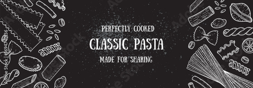 Traditional Italian pasta sketch. Italian food. Staple food. Hand drawn vector illustration. Background for packaging, menu. Top view. Not AI