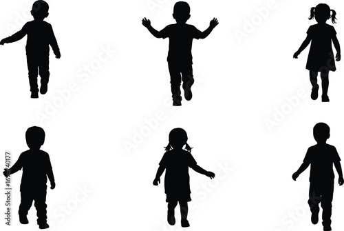 Silhouettes of Children in Motion with Varied Poses and Outfits on White Background for Educational and Kids Content