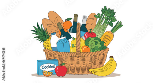 Abundant picnic basket overflowing with fresh fruits vegetables bread and drinks for outdoor enjoyment