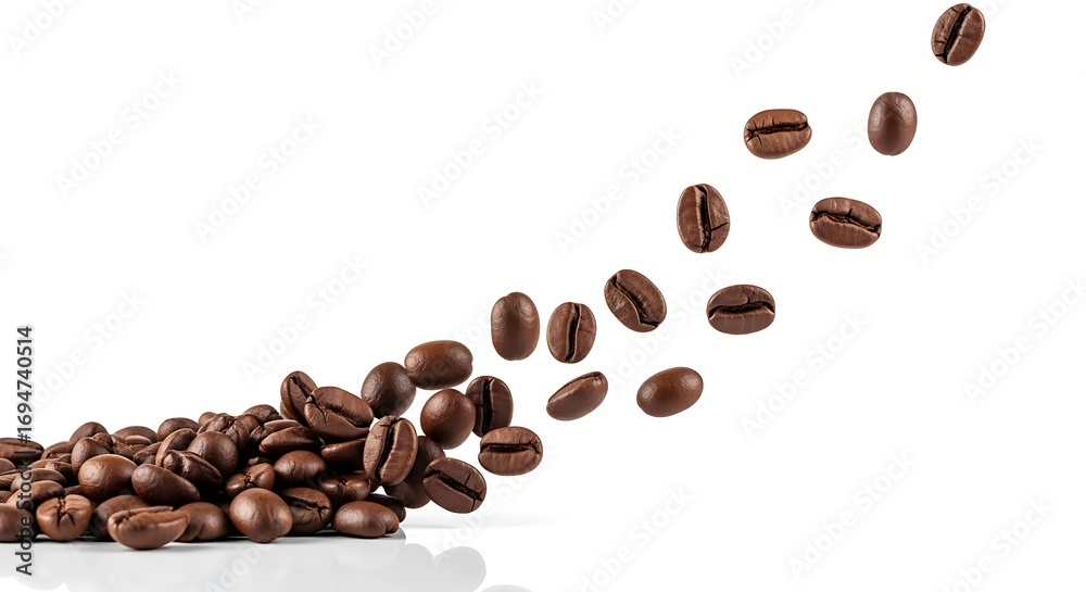 Obraz premium Freshly Roasted Coffee Beans Falling Onto Surface