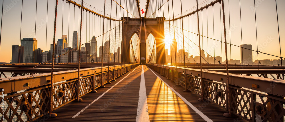 Fototapeta premium Brooklyn Bridge at sunset with city skyline, warm light, urban landscape, architectural details, peaceful atmosphere, travel destination