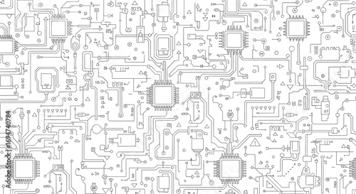 Intricate abstract digital circuitry network pattern design with clean lines and geometric elements