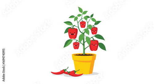 Cute cartoon pepper plant growing red hot vegetables in a yellow pot adorable garden fresh produce healthy eating fun illustration