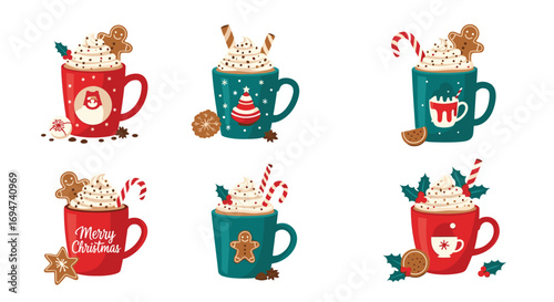 Festive hot chocolate mugs delightful holiday drinks adorned with winter treats and decorations