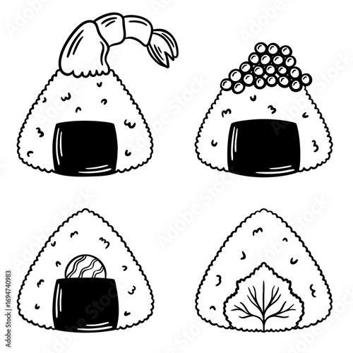 Onigiri line art vector set of illustrations. Different types of onigiri, sushi, japanese asian food