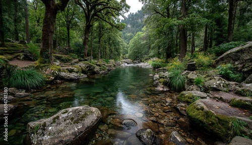 Serene Forest Stream Flowing Through Lush Greenery and Moss Covered Rocks