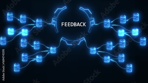 Glowing blue neon feedback loop network nodes connecting in digital abstract system with central hub and data flow visualization