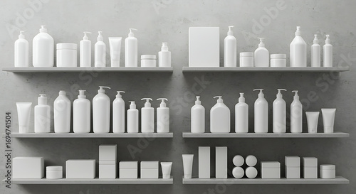 Rows of white cosmetic bottles and containers are displayed on shelves against a gray concrete wall.