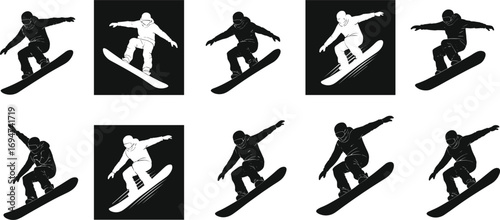 Snowboarder Jump Illustrations in Nine Artistic Styles with Alternating Backgrounds for Winter Sports and Design Content